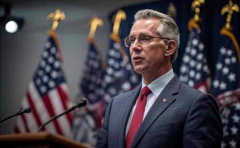 Government official speaking at press conference introducing American Worker Rebate Act of legislation