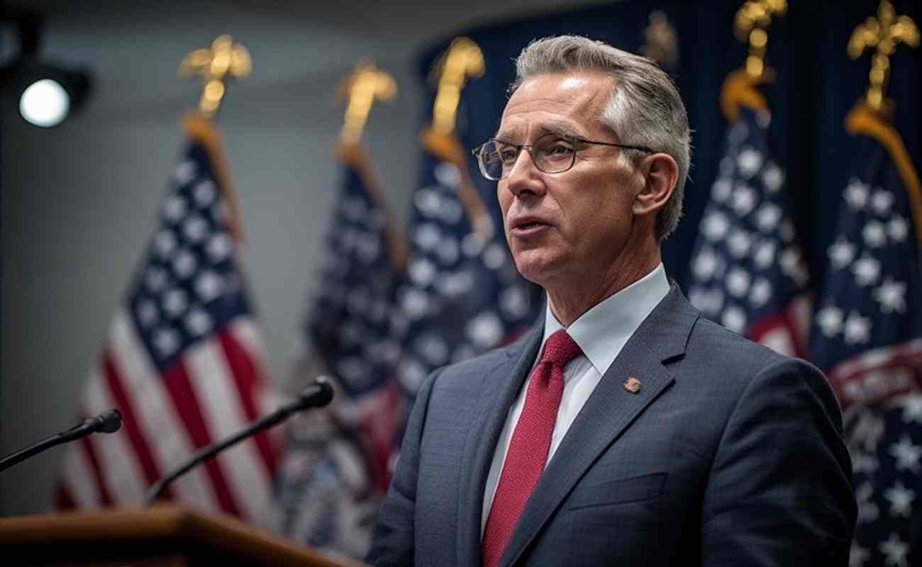 Government official speaking at press conference introducing American Worker Rebate Act of legislation