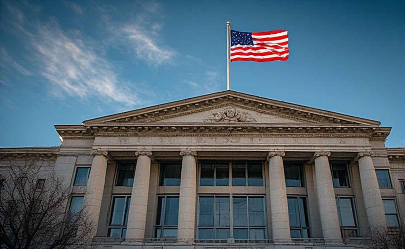IRS building exterior with American flag representing federal tax administration and stimulus payment authority