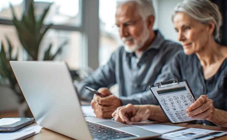 Senior couple reviewing monthly budget with Social Security COLA increase calculator on laptop